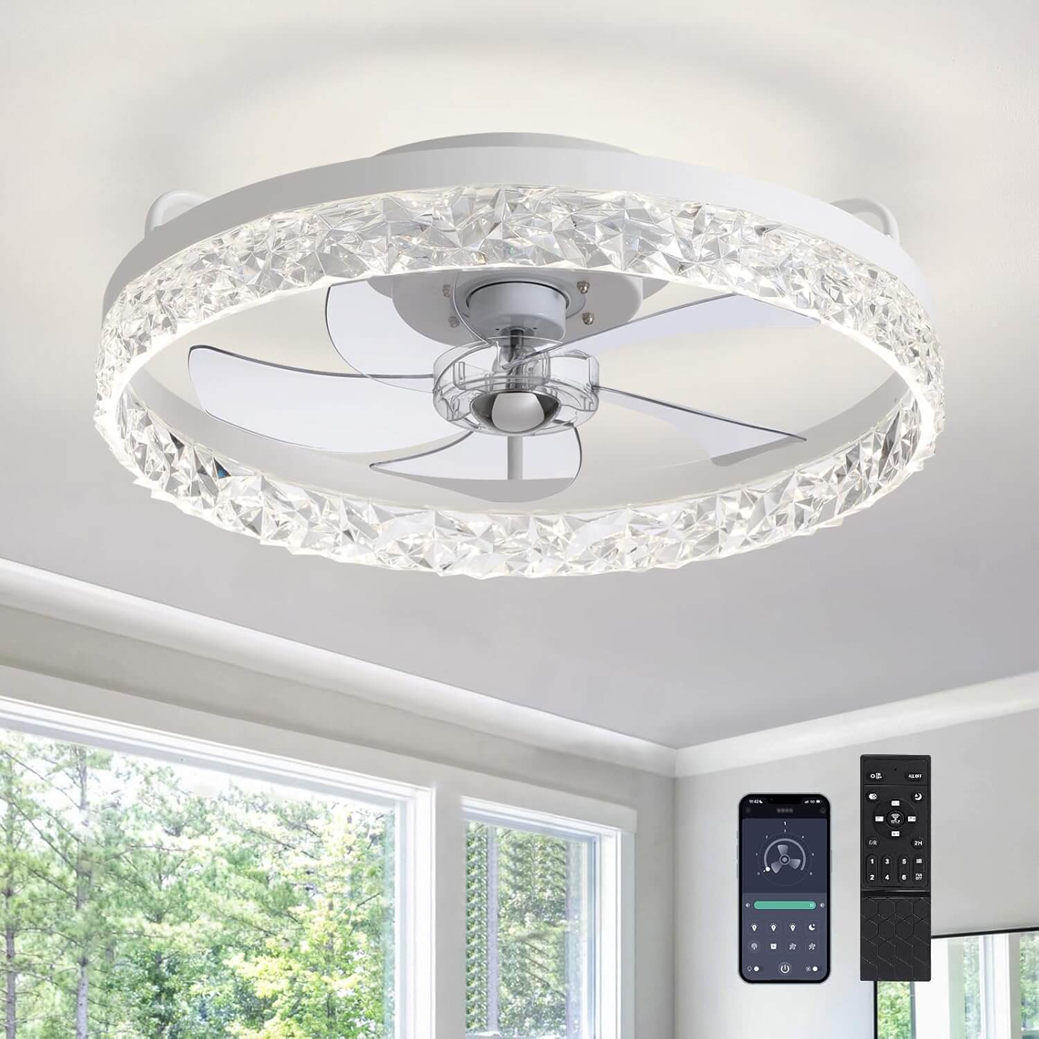 Flush Mount Ceiling Fan with Light and Remote 20 Inch Low Profile LED Fan Light Dimmable 3 Color Temps 6 Speed Reversible Blades for | Thomler