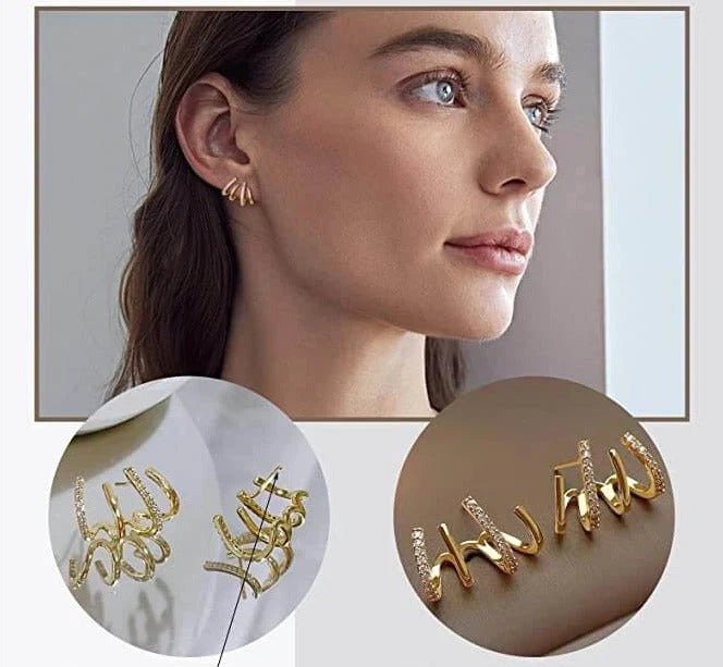 Multi-Hoop Ear Crawler Studs with Cubic Zirconia – Four-Band Layered Earrings for Women – Elegant Stacked Hoop Look Without Extra Piercings | Thomler