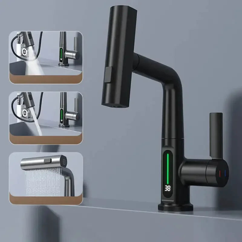 Kitchen Faucet Stainless Steel Brass 38.0 cm White Digital Display Pull Out Spray Tap Temperature Control Swivel Mixer | Thomler
