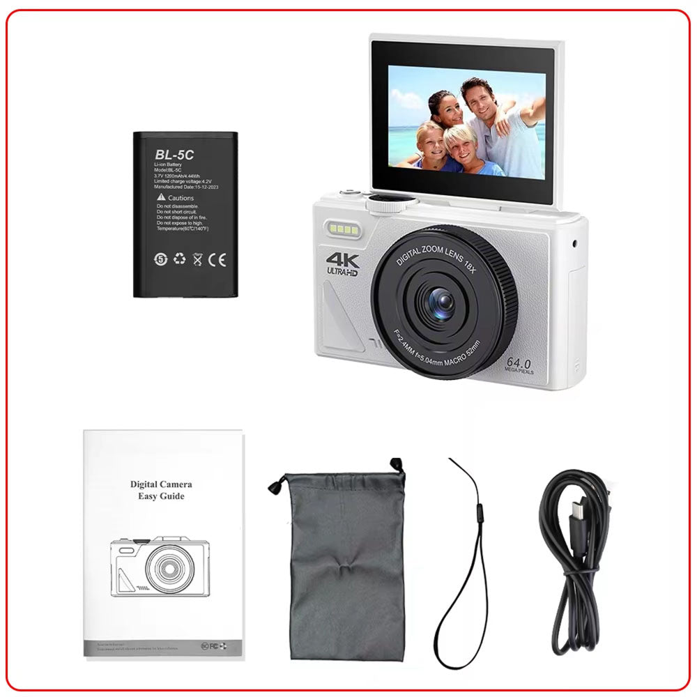 Compact 4K Digital Video Camera with Flip Screen & 18x Zoom for Vlogging, Content Creation, Travel & Photography | Thomler