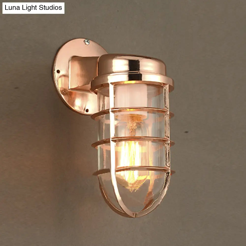 Metal Cage Wall Sconce with Glass Shade – Industrial Hardwired Light for Hallway, Bedroom, Dining Room – 4" Wide 1-Light Fixture | Thomler