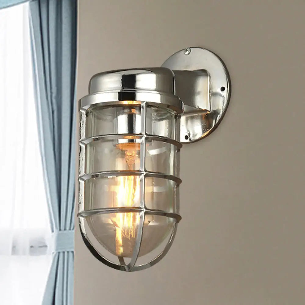 Metal Cage Wall Sconce with Glass Shade – Industrial Hardwired Light for Hallway, Bedroom, Dining Room – 4" Wide 1-Light Fixture | Thomler