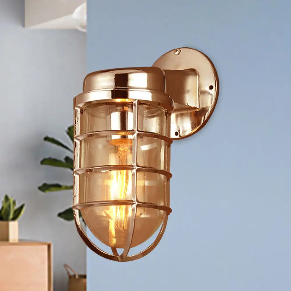 Metal Cage Wall Sconce with Glass Shade – Industrial Hardwired Light for Hallway, Bedroom, Dining Room – 4" Wide 1-Light Fixture | Thomler
