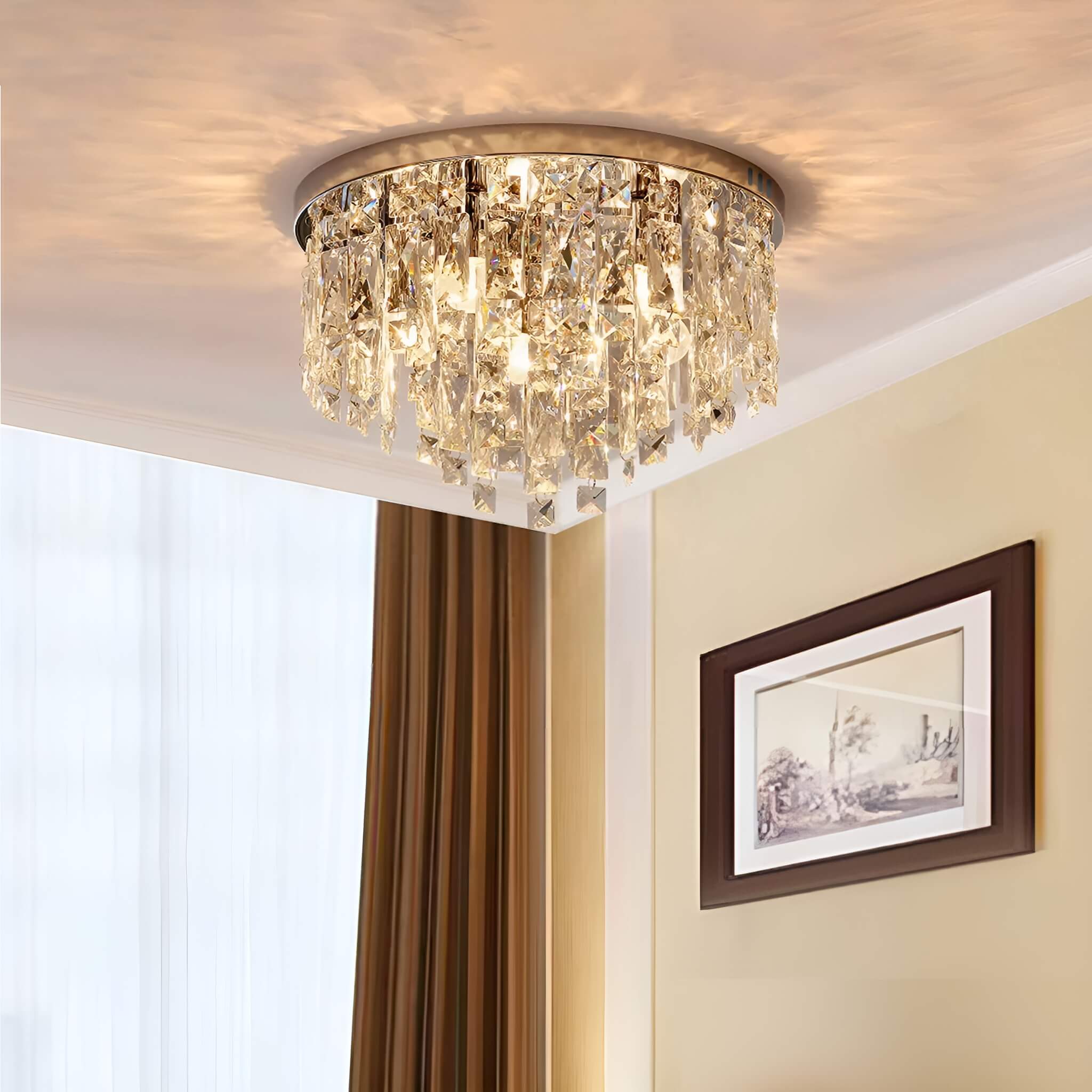 Flush Mount Crystal Ceiling Light Round Chandelier Chrome Finish for Bedroom Living Room Hallway Elegant Lighting Fixture Sparkling | Thomler