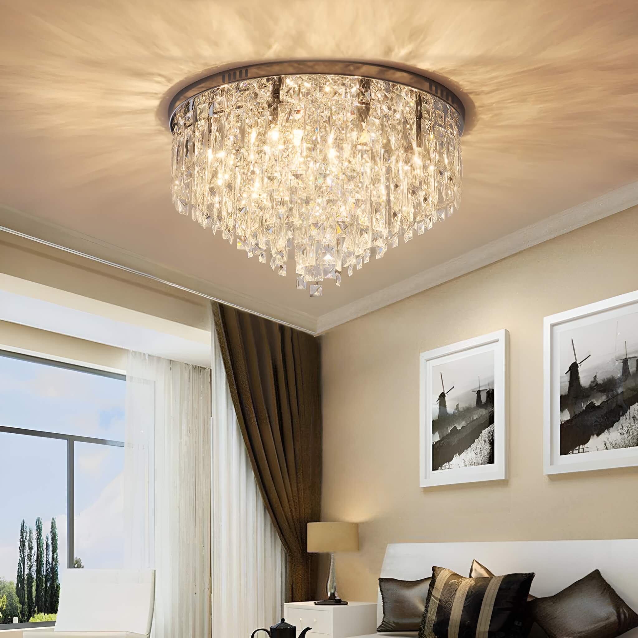 Flush Mount Crystal Ceiling Light Round Chandelier Chrome Finish for Bedroom Living Room Hallway Elegant Lighting Fixture Sparkling | Thomler