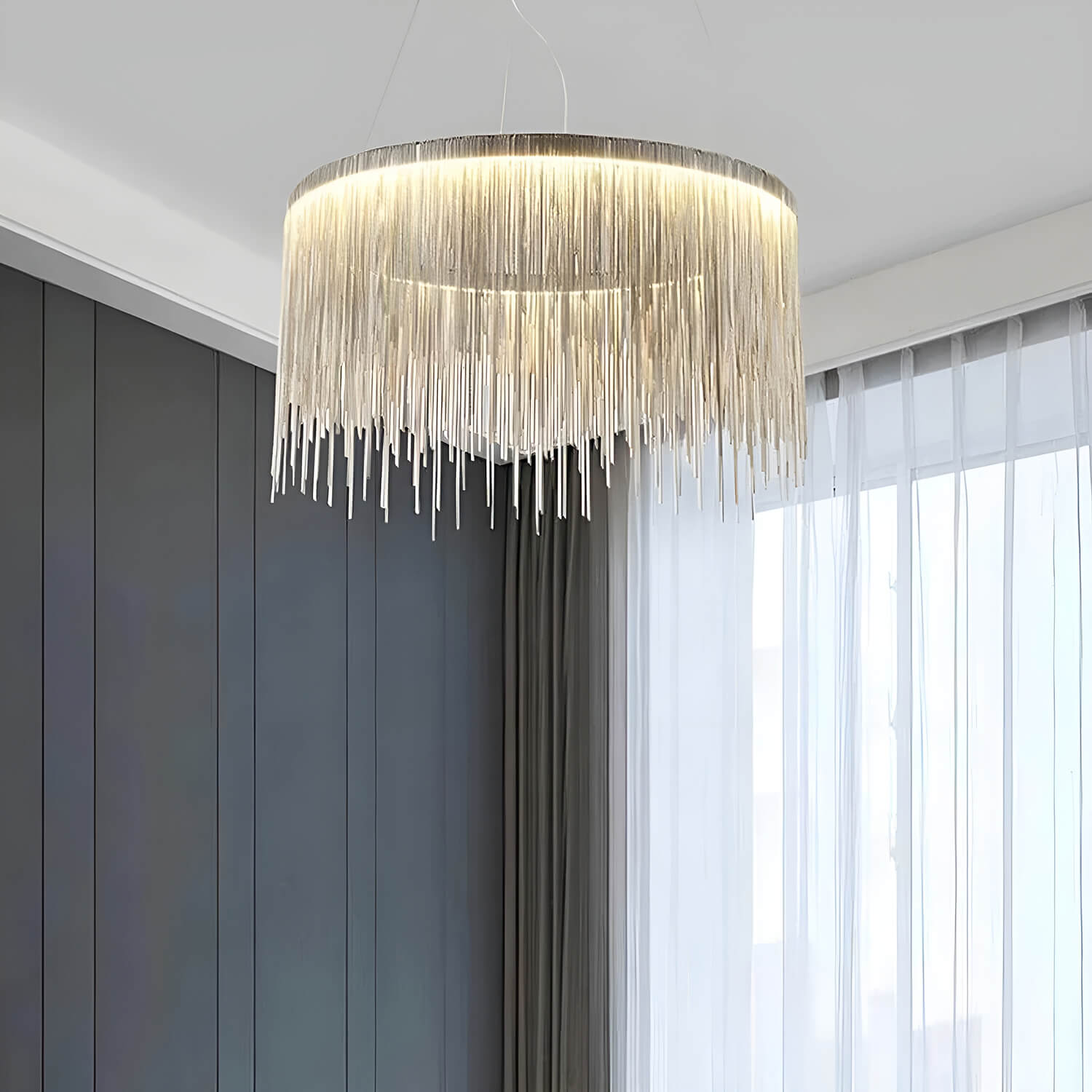Circular Aluminum LED Chandelier Modern Ring Pendant Light Silver Finish for Dining Room Kitchen Bedroom Adjustable Height Ceiling Fixture | Thomler