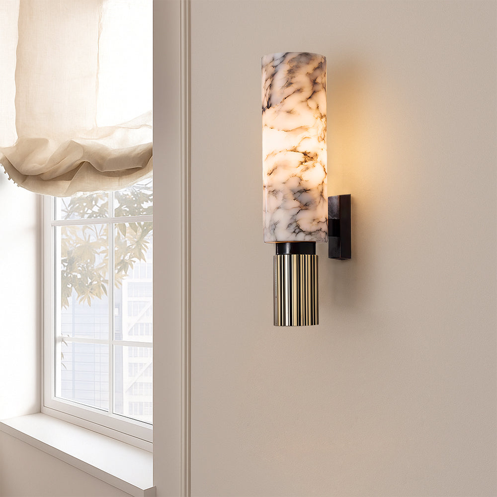 Marble and Copper Wall Sconce with Warm LED Light for Bedroom, Hallway, Living Room – Natural Stone Accent Wall Fixture | Thomler