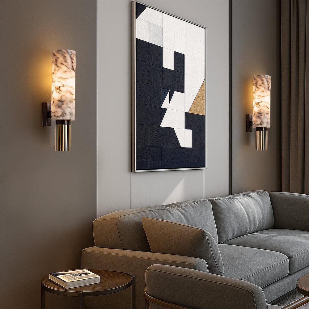 Marble and Copper Wall Sconce with Warm LED Light for Bedroom, Hallway, Living Room – Natural Stone Accent Wall Fixture | Thomler