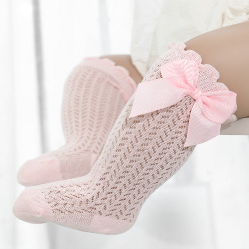 Infant Knee-High Socks with Oversized Ribbon Accent for Girls | Breathable Mesh Knit Footwear for Newborns and Toddlers 0-24 Months | Thomler