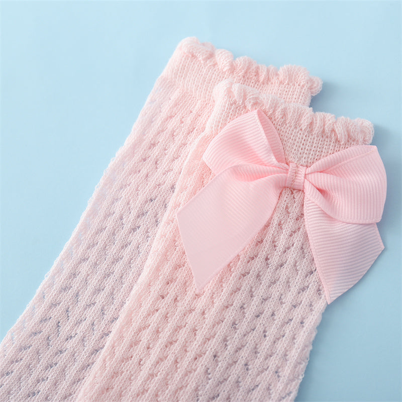 Infant Knee-High Socks with Oversized Ribbon Accent for Girls | Breathable Mesh Knit Footwear for Newborns and Toddlers 0-24 Months | Thomler