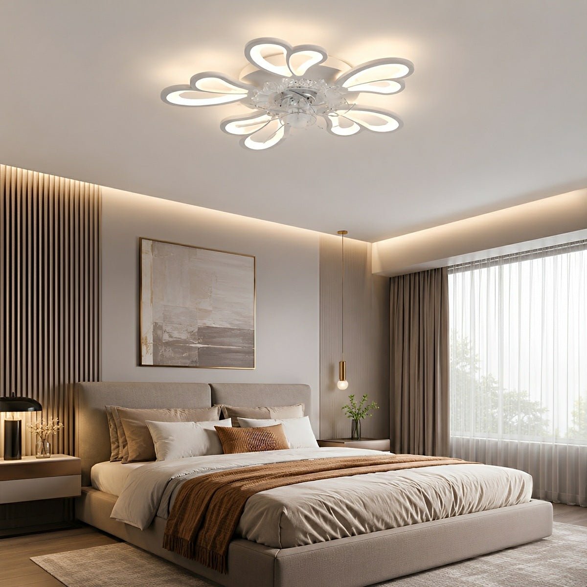 Petal-Shaped Low-Profile LED Ceiling Fan with Remote & Dimmable Light – DC Motor, 3 Color Temps, Flush Mount for Bedroom, Living Room | Thomler