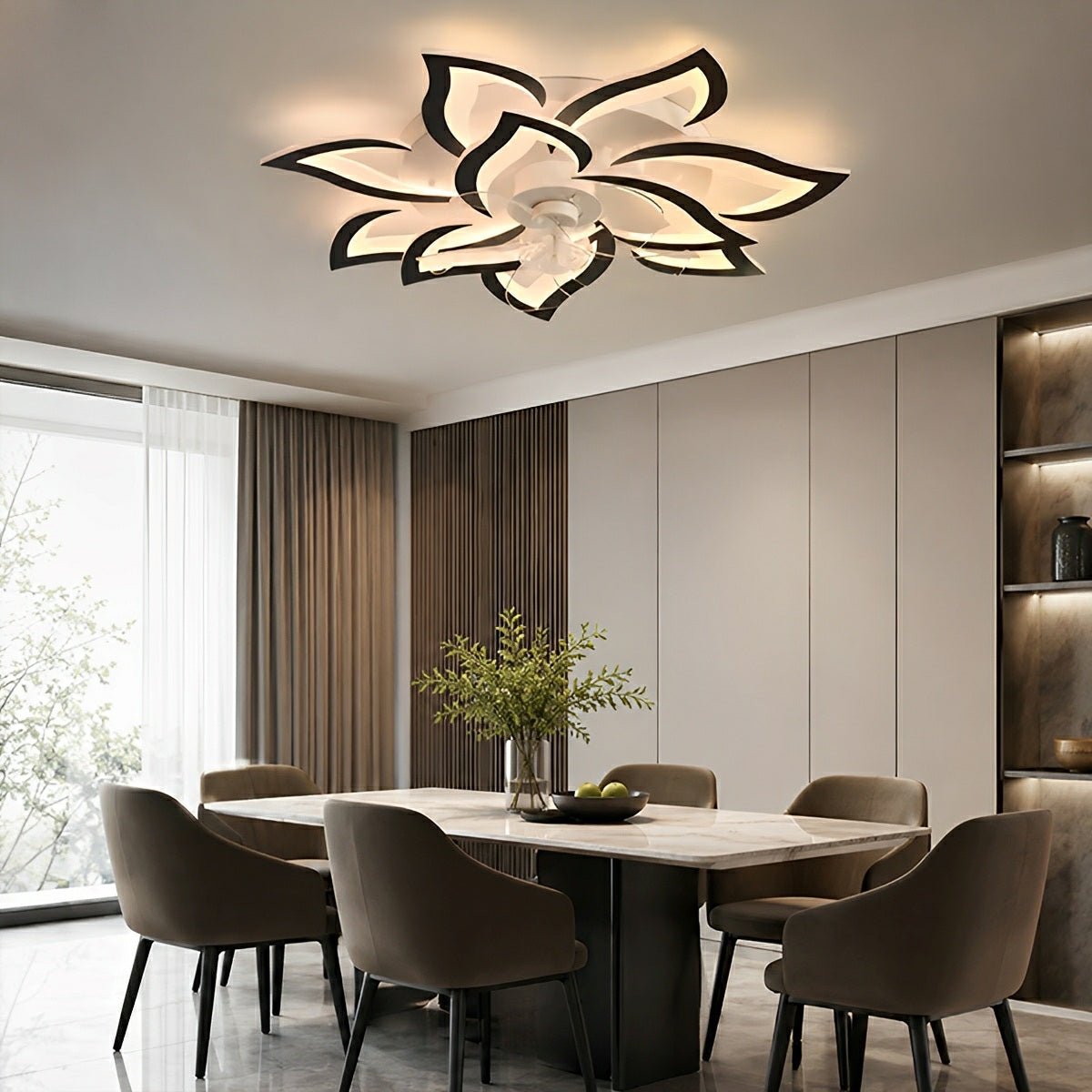 Petal-Shaped Low-Profile LED Ceiling Fan with Remote & Dimmable Light – DC Motor, 3 Color Temps, Flush Mount for Bedroom, Living Room | Thomler