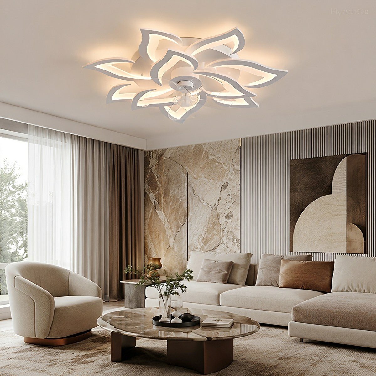 Petal-Shaped Low-Profile LED Ceiling Fan with Remote & Dimmable Light – DC Motor, 3 Color Temps, Flush Mount for Bedroom, Living Room | Thomler