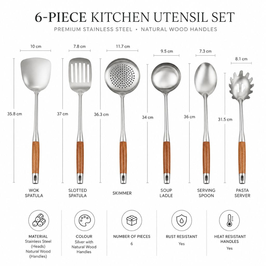 Six-Piece Cooking Utensil Set — Stainless Steel with Wood Handles for Everyday Kitchen Use | Thomler