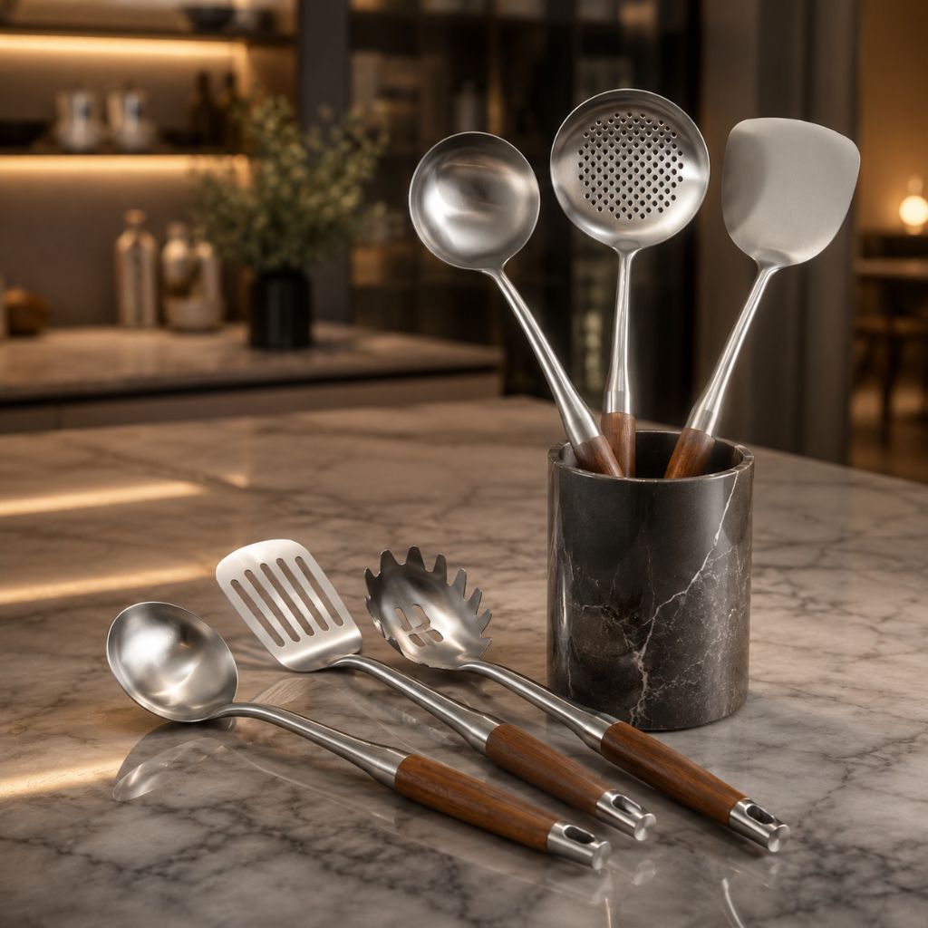 Six-Piece Cooking Utensil Set — Stainless Steel with Wood Handles for Everyday Kitchen Use | Thomler