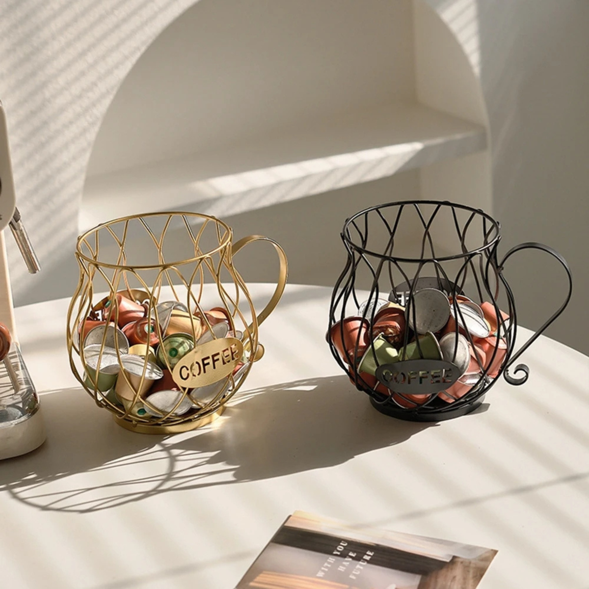Metal Wire Coffee Capsule Organizer Stand with Handle – Single Serve Pod Storage Rack for Kitchen Counter | Thomler