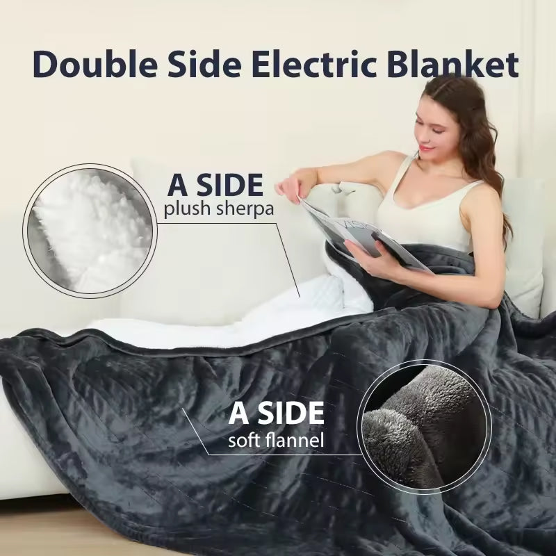 Electric Heated Throw Blanket with 9 Heat Settings & Auto Timer – Dual-Sided Flannel & Sherpa, Washable, Fast Heating, Overheat Protection | Thomler