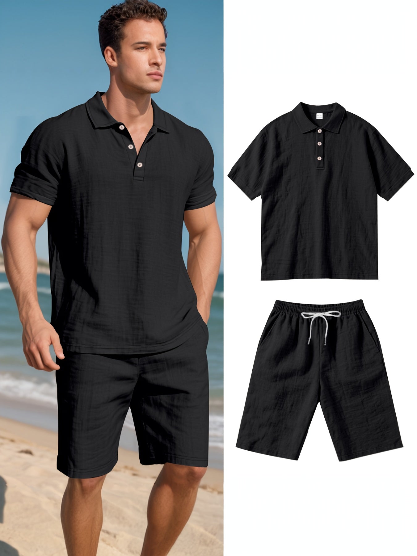 Men's Short-Sleeve Polo & Shorts Linen Set Summer Two-Piece Outfit Lightweight Breathable Casual Wear for Warm Weather | Thomler