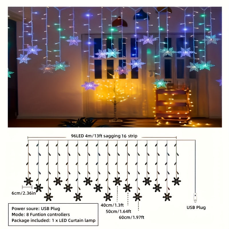 Snowflake String Lights | USB-Powered Holiday Decor with Multi-Color Glow | 13 ft Festive Strand for Christmas Tree, Window & Banister | Thomler