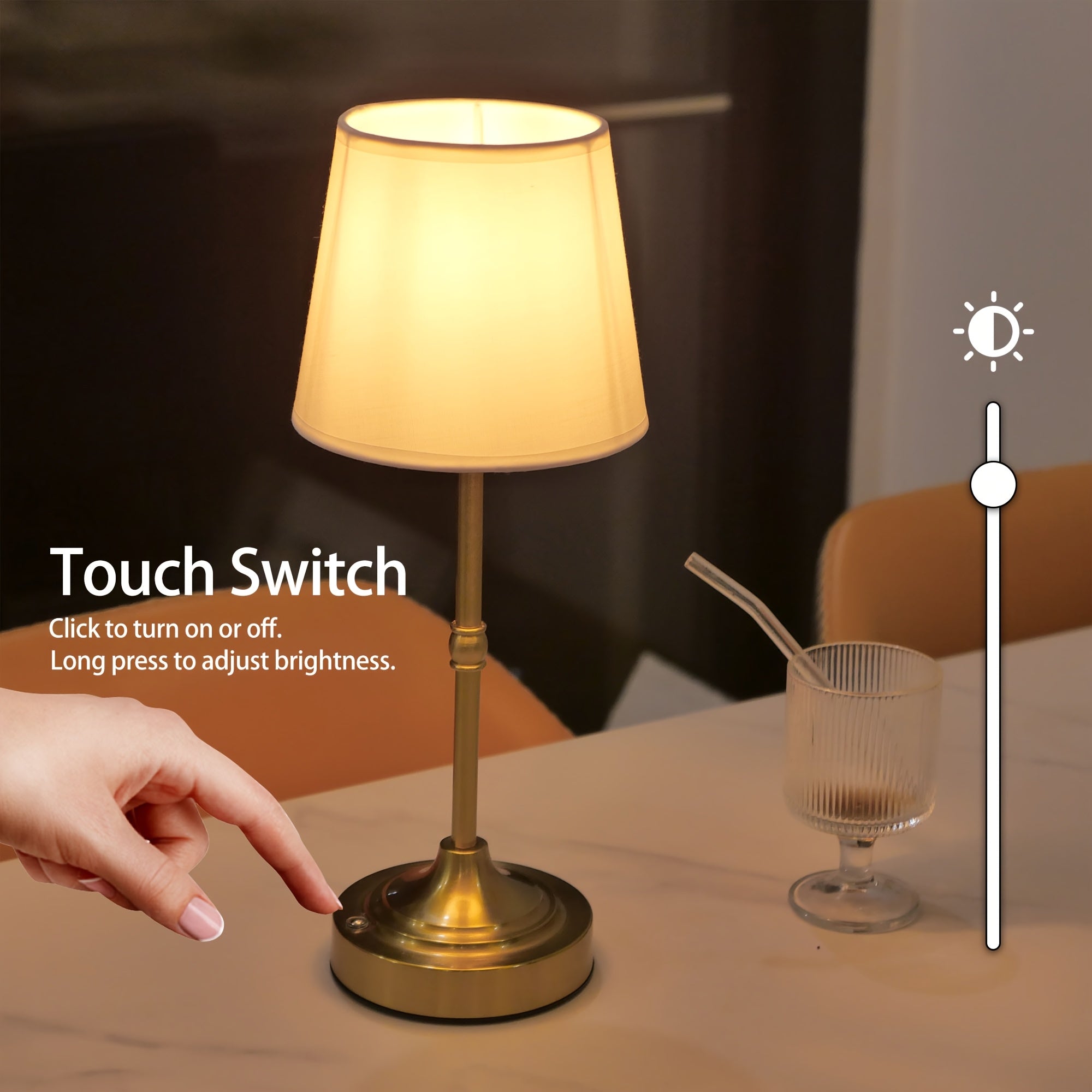 Touch-Dimming Portable Table Lamp with Rechargeable Battery for Bedroom Nightstand Living Room Desk | USB Powered Metal Accent Light | Thomler