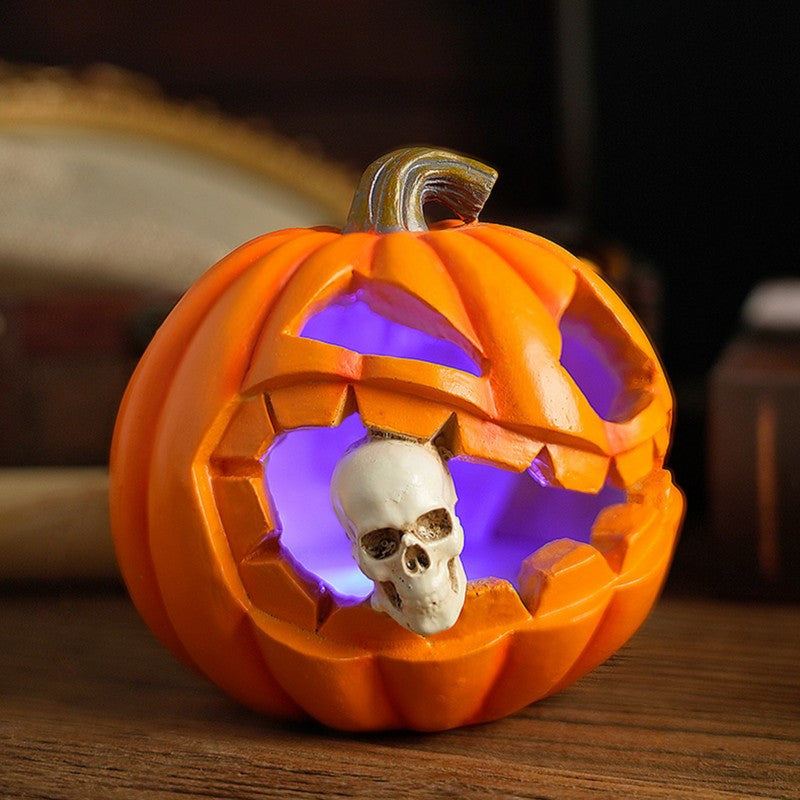 Resin Jack-o'-Lantern Figurine with Skull Insert for Halloween Tabletop Display – Freestanding Seasonal Ornament for Fireplace, Shelf & | Thomler