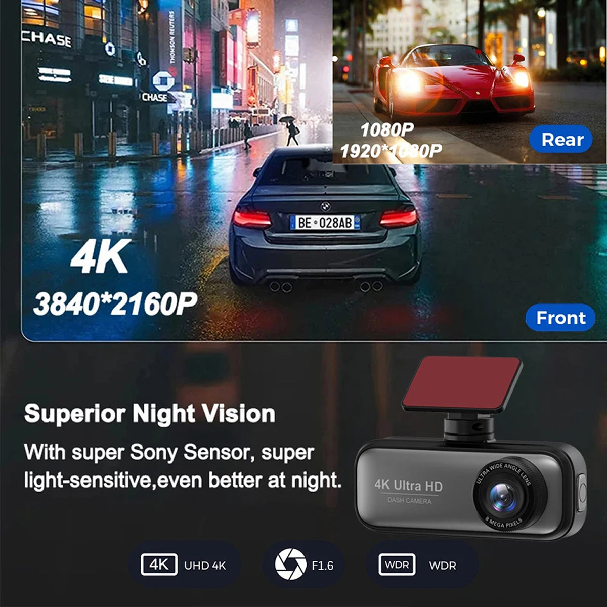 4K Dual-Lens Car Camera with WiFi Monitoring & GPS Tracking for Front & Rear Recording | Thomler