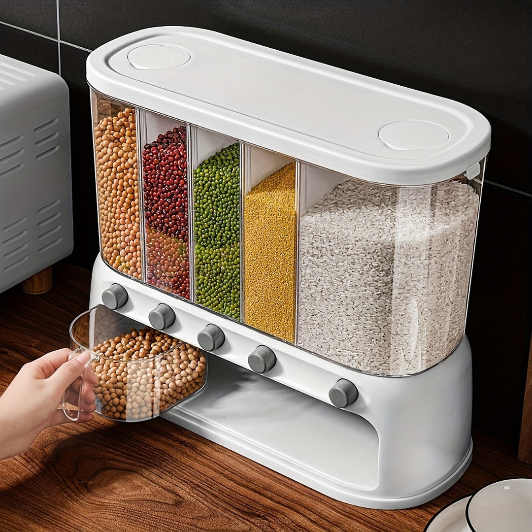5-Section Dry Food Dispenser with Press Buttons & Sealed Flip Lid for Rice Pasta Beans Cereal Snacks Kitchen Pantry Counter Cabinet | Thomler