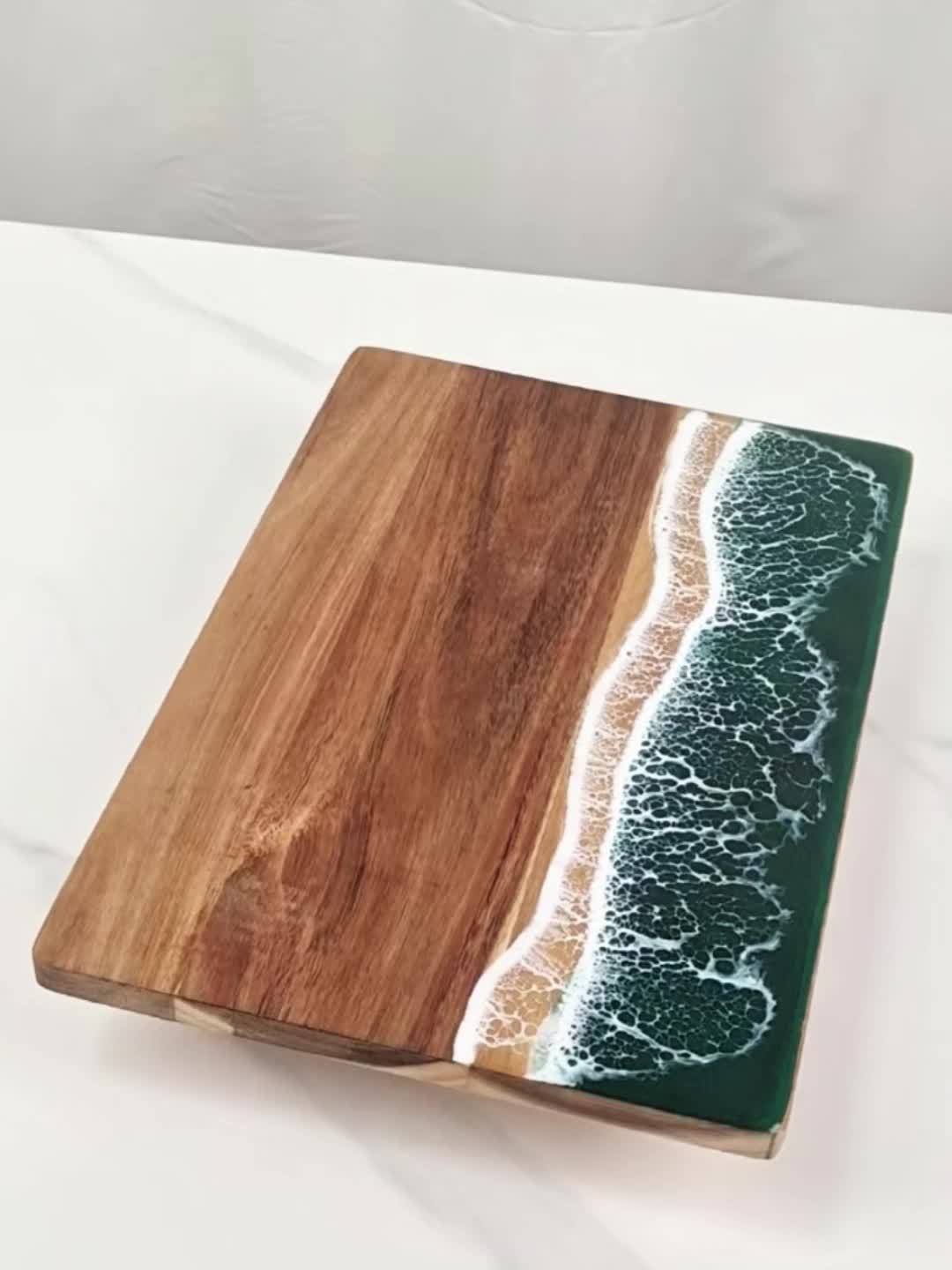 Acacia Wood Serving Board with Resin Wave Inlay 18x9 Inch Coastal Charcuterie Tray for Cheese Fruit Bread Kitchen Decor | Thomler