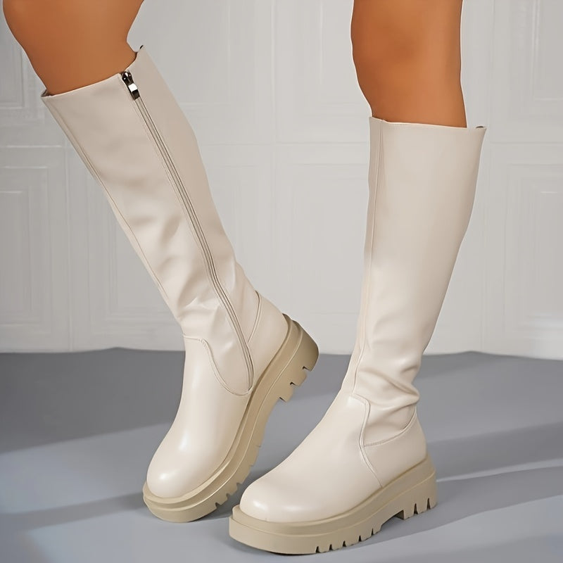 Women's Knee-High Boots with Mid Block Heel, Side Zip & Cushioned Insole | Thomler