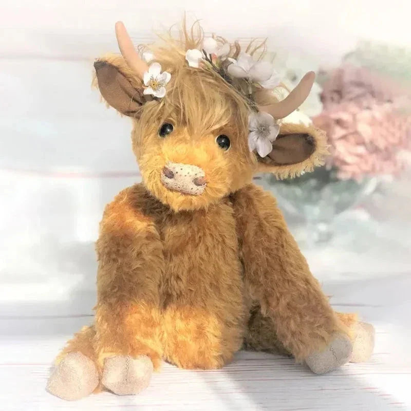 Handcrafted Highland Cow Plush with Floral Crown – Soft Alpaca Fiber Stuffed Animal Décor for Kids & Adults, Poseable Limbs & Head, Glass | Thomler