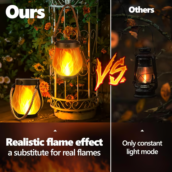 Rechargeable LED Flame Lantern with Solar Panel & Rope Handle for Patio Camping Outdoor Garden Decoration | Thomler