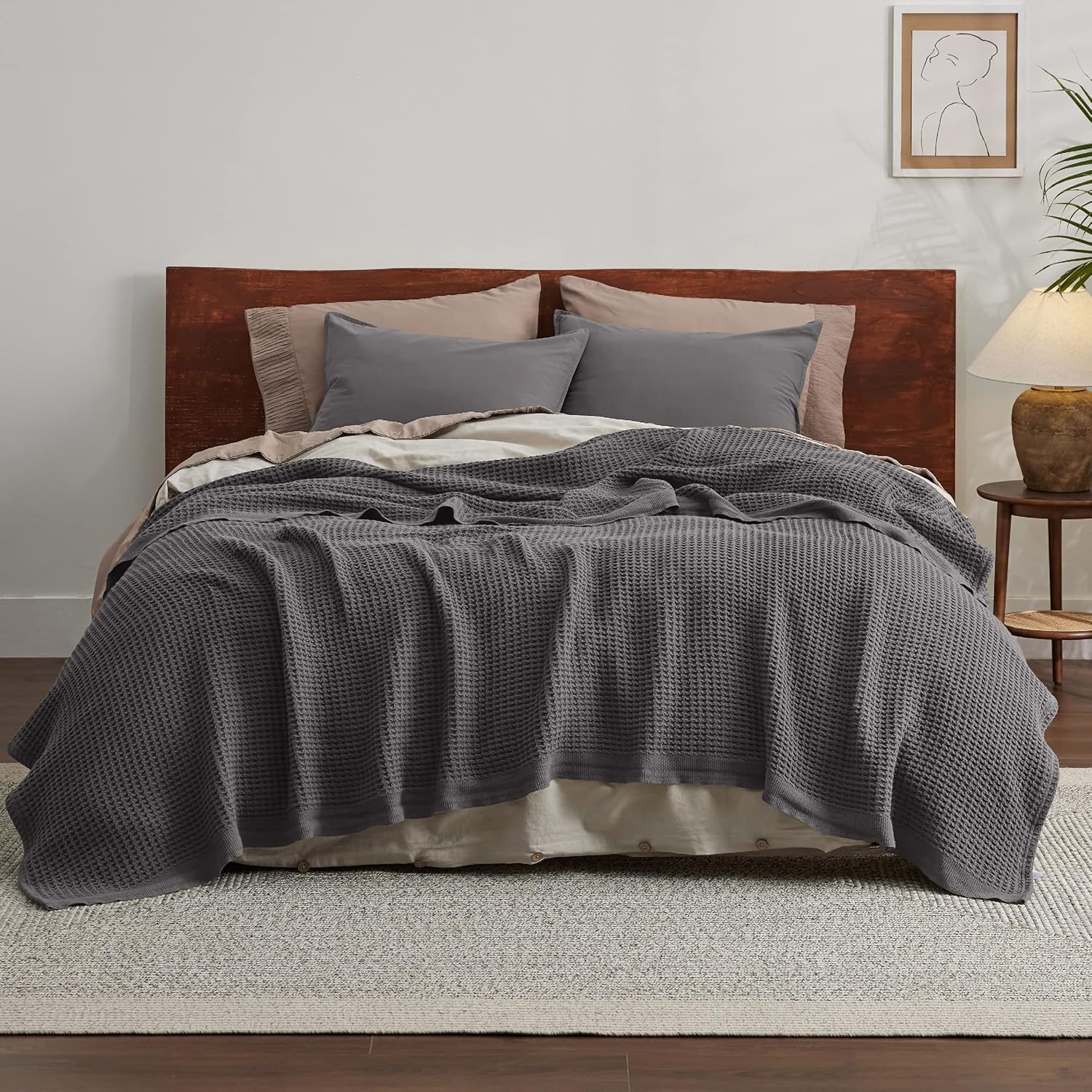 100% Cotton Waffle Weave Throw Blanket Queen King Breathable Lightweight Bed Cover for All Seasons Couch Sofa Bedroom Layering Textured | Thomler