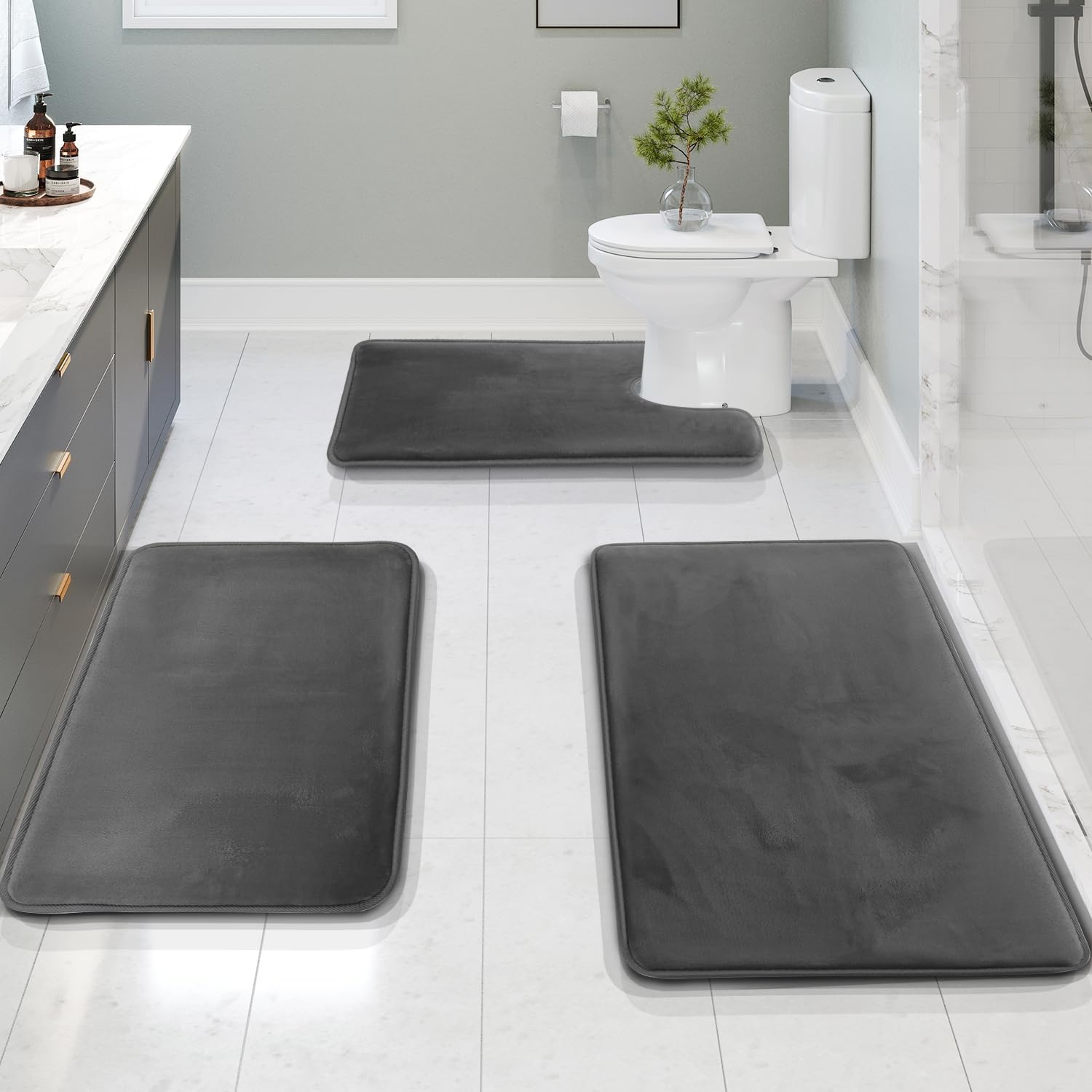 Bath Mat Set Memory Foam Velvet 50.0 x 80.0 cm Grey Non Slip Bathroom Floor Mats Absorbent Toilet Rug Set | Thomler