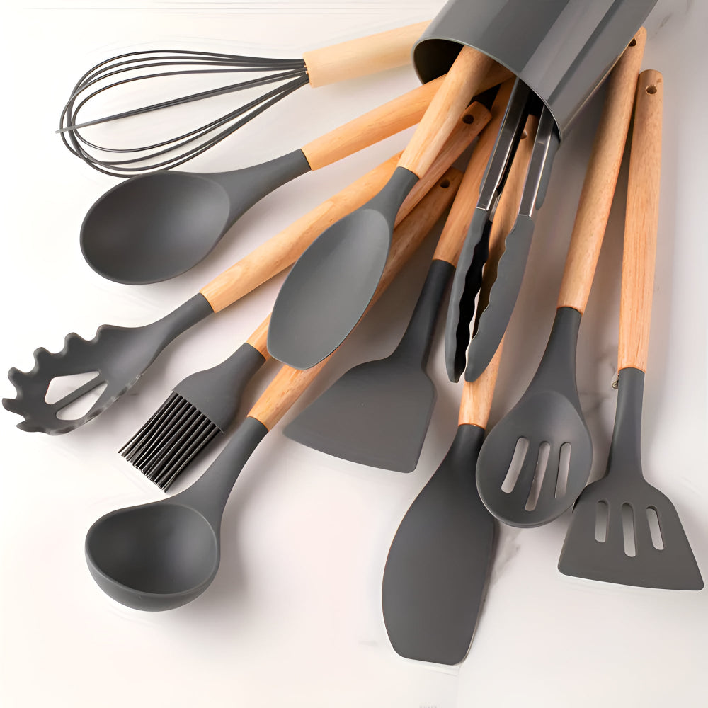 12-Piece Silicone Kitchen Utensil Set with Bamboo Handles and Holder – Heat-Resistant Nonstick Cooking Tools for Home Chefs | Thomler