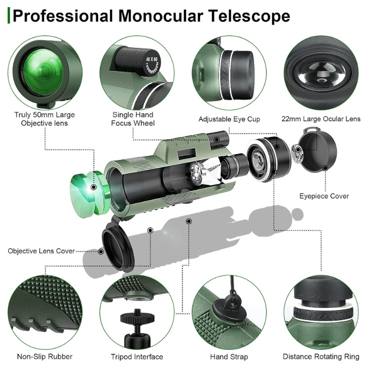 Pocket Monocular Telescope 60x Zoom HD Optics for Wildlife Watching Hiking Concerts Sporting Events Compact Lightweight Phone Camera Adapter | Thomler