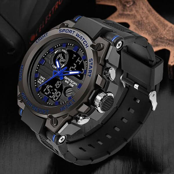 Tactical Men's Watch Dual Time Analog Digital Display Stopwatch Alarm LED Backlight Calendar Stainless Steel Case Silicone Band Shock | Thomler