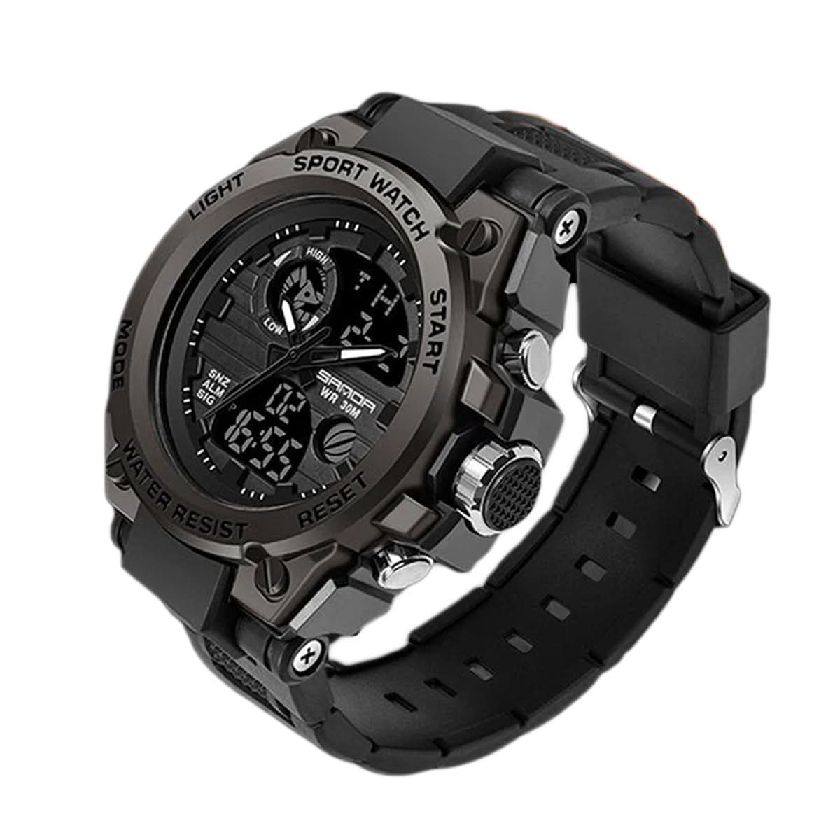 Tactical Men's Watch Dual Time Analog Digital Display Stopwatch Alarm LED Backlight Calendar Stainless Steel Case Silicone Band Shock | Thomler