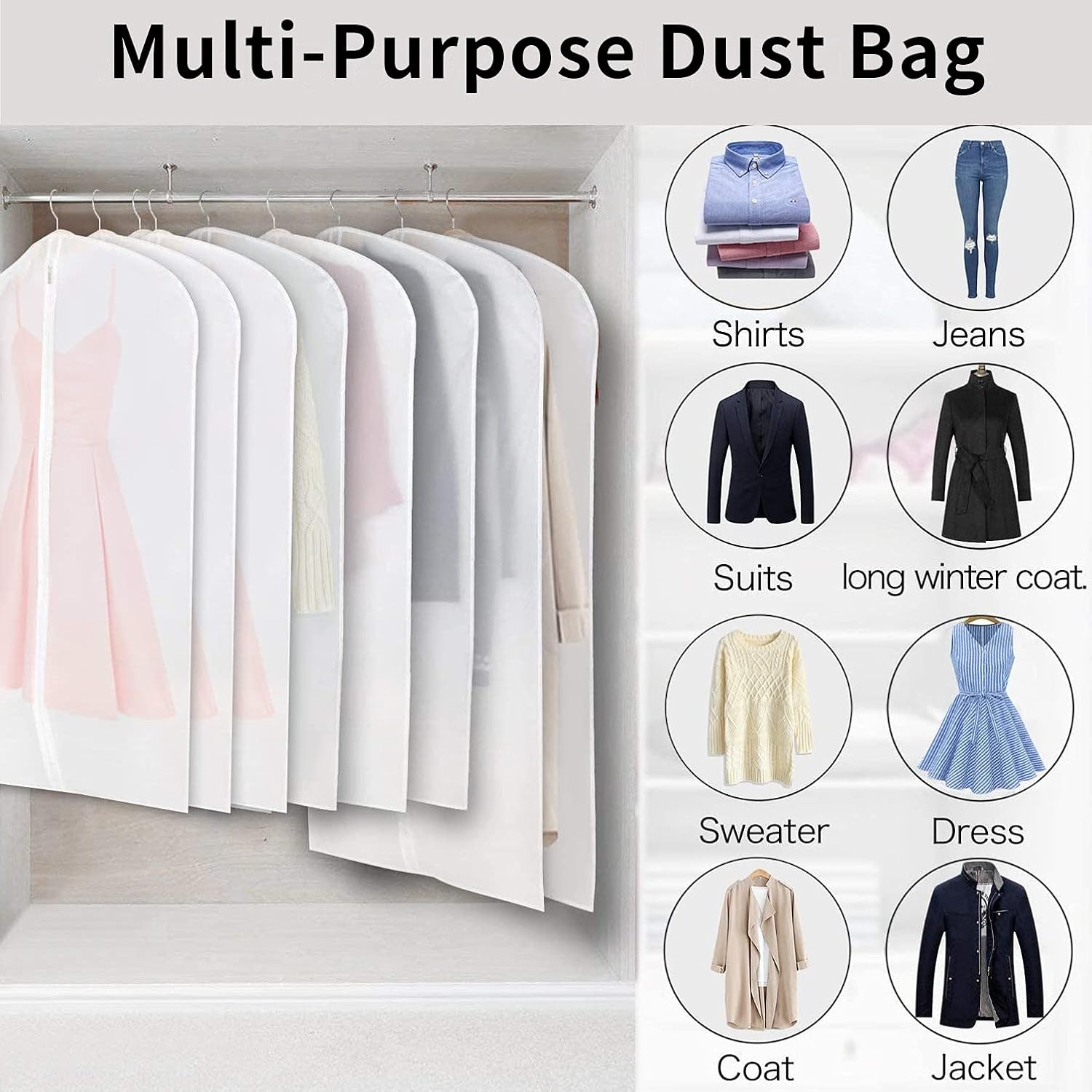 Hanging Garment Covers for Closet Storage Suits Dresses Jackets 12-Pack Zippered See-Through Suit Protectors Breathable Waterproof | Thomler
