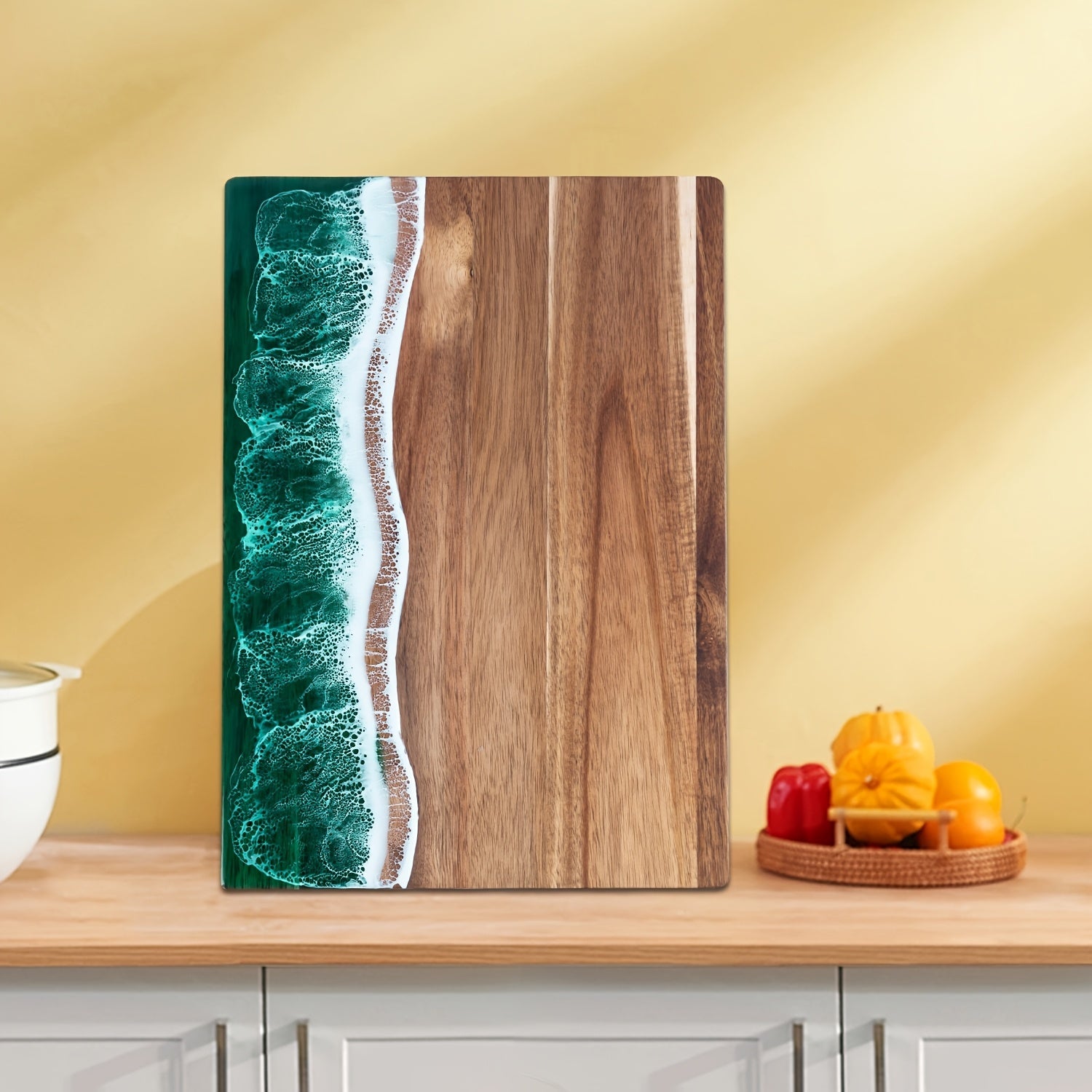 Acacia Wood Serving Board with Resin Wave Inlay 18x9 Inch Coastal Charcuterie Tray for Cheese Fruit Bread Kitchen Decor | Thomler