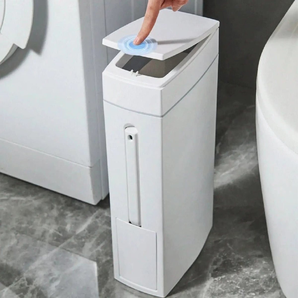 Dual-Function Bathroom Organizer – Narrow Waste Bin & Concealed Scrubber Holder | Thomler