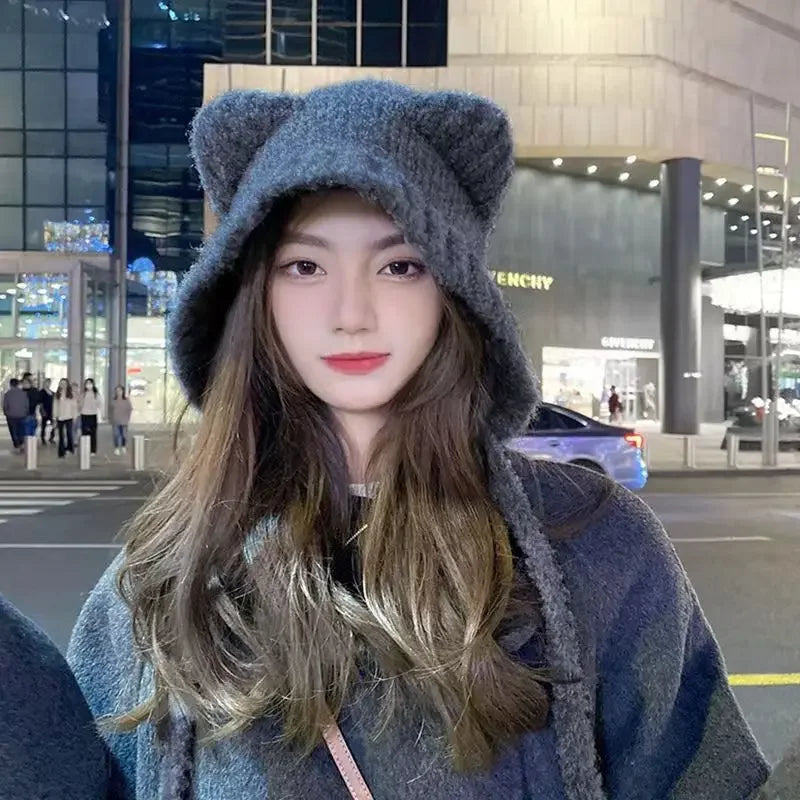 Hooded Knit Cap with Plush Animal Ears – Cozy Tie-Front Winter Hood for Women | Thomler