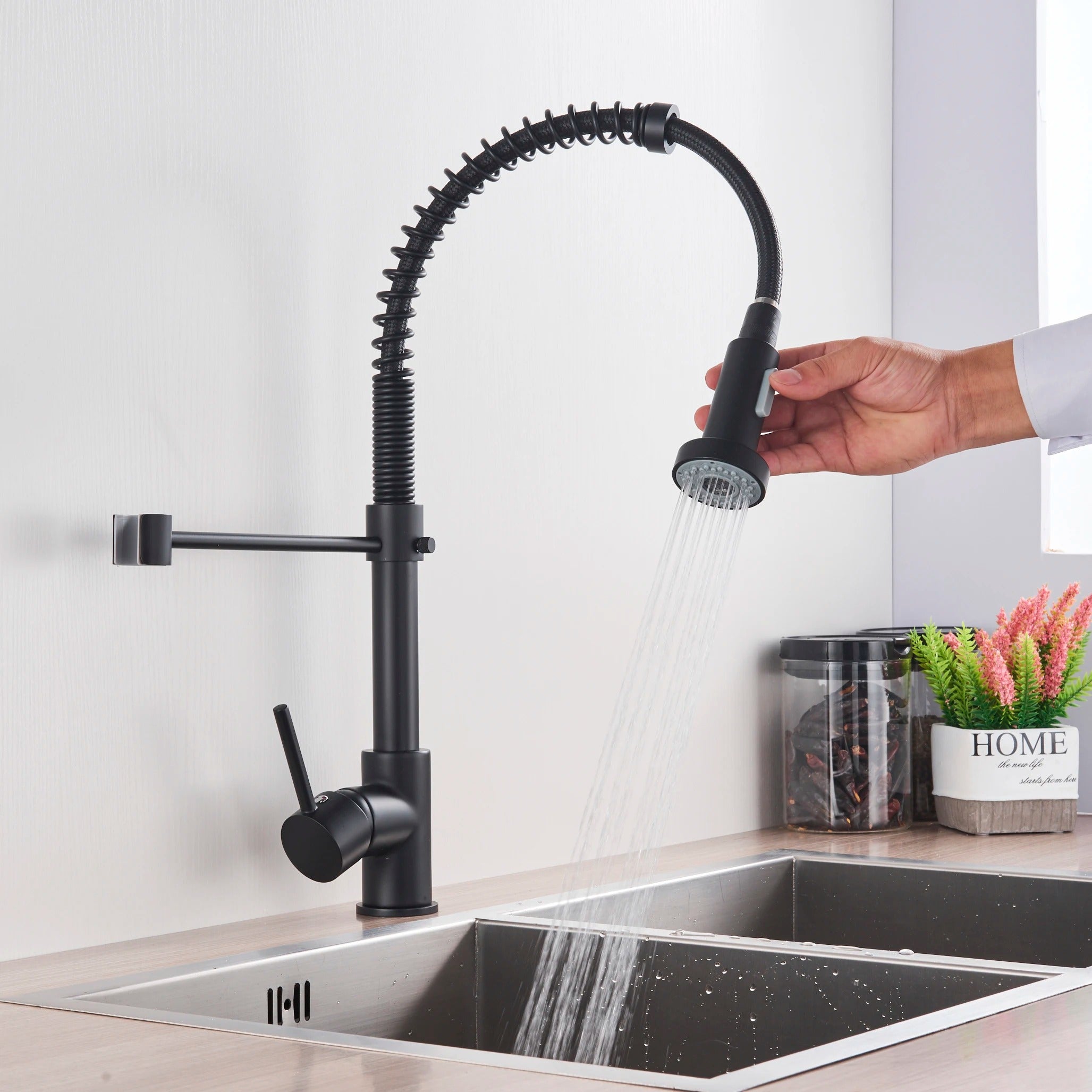 Kitchen Faucet Solid Brass 360° Swivel Pull Out Spray Head Modern Sink Mixer Tap For Double Sink Industrial Kitchen | Thomler