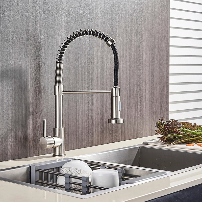 Kitchen Faucet Solid Brass 360° Swivel Pull Out Spray Head Modern Sink Mixer Tap For Double Sink Industrial Kitchen | Thomler