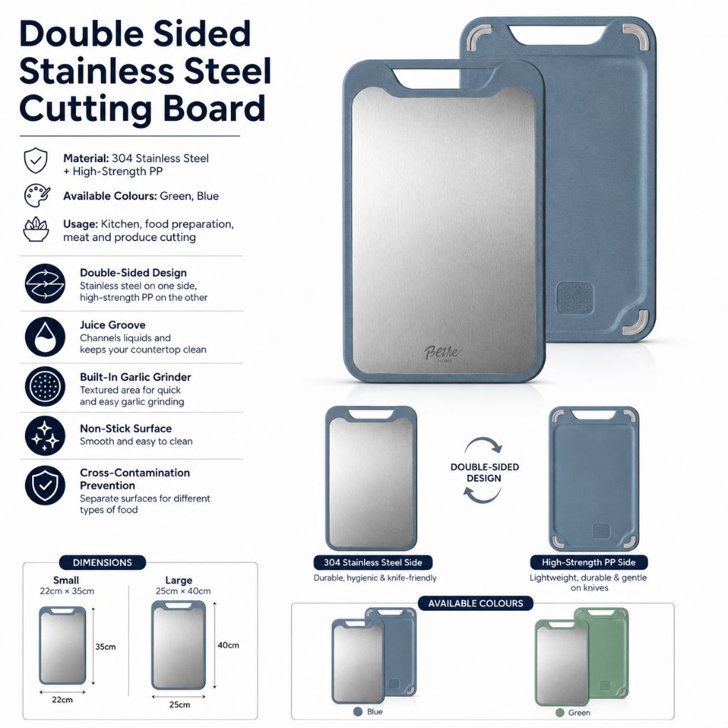 Reversible Steel & Plastic Prep Board with Juice Groove and Garlic Press for Kitchen Meat Vegetables Fruit Countertop Cooking | Thomler
