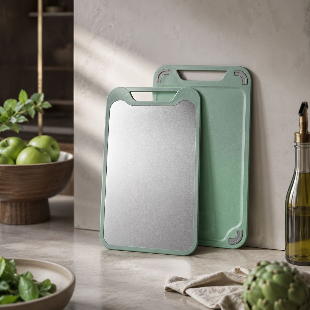 Reversible Steel & Plastic Prep Board with Juice Groove and Garlic Press for Kitchen Meat Vegetables Fruit Countertop Cooking | Thomler