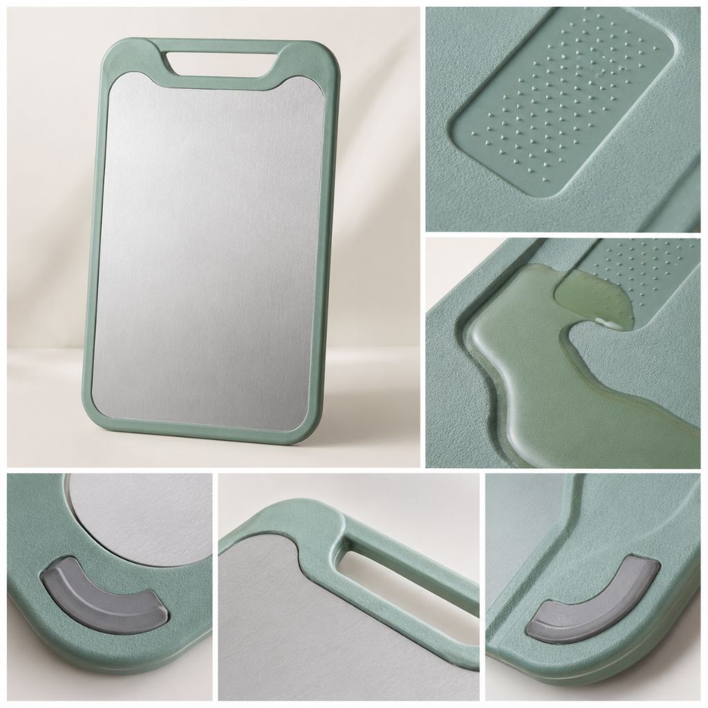 Reversible Steel & Plastic Prep Board with Juice Groove and Garlic Press for Kitchen Meat Vegetables Fruit Countertop Cooking | Thomler