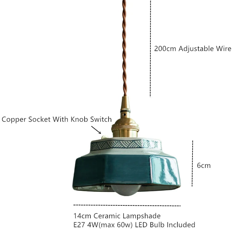 Ceramic Hanging Lamp with Hand-Painted Design & Copper Socket for Kitchen Island, Dining Room, Bedroom & Cafe | Scandinavian Style Fixture | Thomler