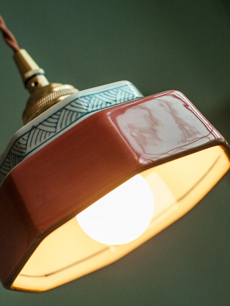 Ceramic Hanging Lamp with Hand-Painted Design & Copper Socket for Kitchen Island, Dining Room, Bedroom & Cafe | Scandinavian Style Fixture | Thomler