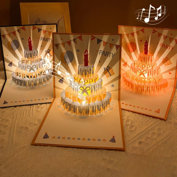 Musical Pop-Up Birthday Card with LED Candle Light | 3D Laser-Cut Cake Design Greeting Card | Sound & Light Keepsake Gift Card for Him or | Thomler