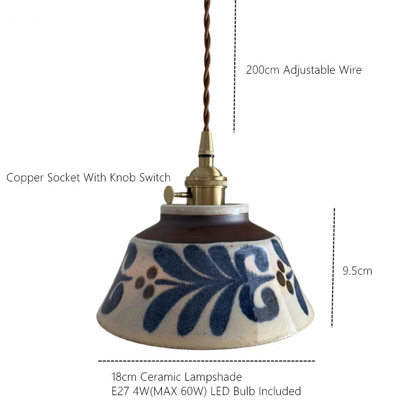 Ceramic Hanging Light Fixture with Unique Floral Designs for Kitchen, Dining Room, Cafe | Artisan Crafted Copper Hardware Pendant Lamp | Thomler